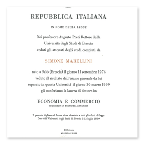 Diploma di Laurea in Economia e Commercio di Simone Mabellini rilasciato da Università degli Studi di Brescia