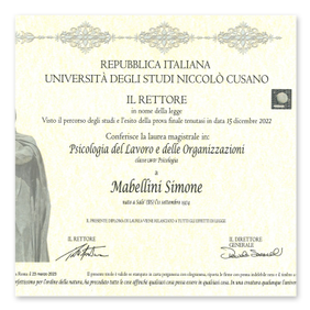 Diploma di Laurea Magistrale in Psicologia del Lavoro di Simone Mabellini rilasciato da Università Cusano