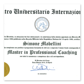Certificato Master in Professional Coaching di Simone Mabellini rilasciato da Centro Universitario Internazionale