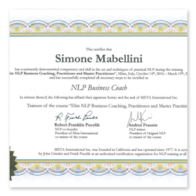 Certificazione NLP Business Coach di Simone Mabellini rilasciata da Meta International, Frank Pucelik