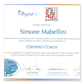 Certificazione International NLP Coach di Simone Mabellini rilasciata da Quantum Leap, John Grinder e Carmen Bostic St. Clair<br /><br />Certificazione NLP Business Coach di Simone Mabellini rilasciata da Meta International Frank Pucelik