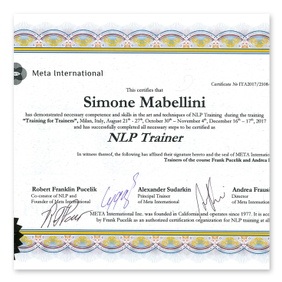 Certificazione Trainer PNL di Simone Mabellini rilasciata da Meta International, Frank Pucelik