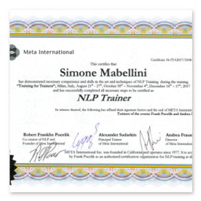 Certificazione Trainer PNL di Simone Mabellini rilasciata da Meta International, Frank Pucelik